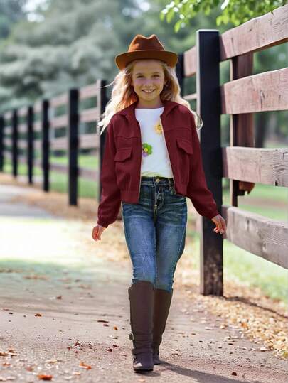 Tween Girl Loose Casual Drop Shoulder Hooded Cropped Corduroy Jacket