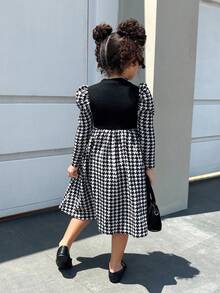 Firerie Kids Young Girls' Black Plaid Puff Sleeve Casual Pullover Dress, Fashionable And Versatile For Everyday Wear - Black - View 3