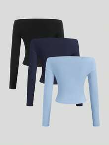 Sweetra 3件套女士百搭露肩长袖短款上衣，舒适亲肤，修身 - 彩色 - 查看 2