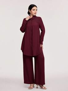 Veilorie Bộ 2 món áo sơ mi ren tay dài cài nút và quần ống rộng thường ngày cho nữ - Màu Đỏ Sâu - Xem 3