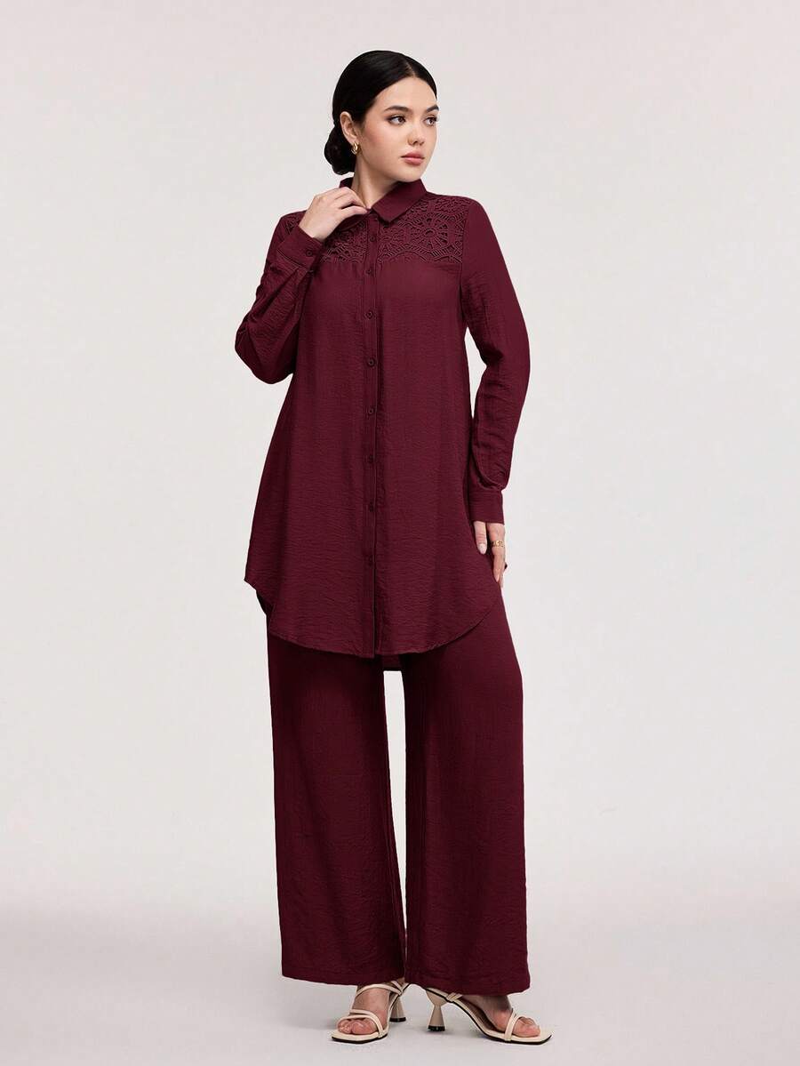 Veilorie Women's Contrast Lace Long Sleeve Button-Up Shirt And Wide Leg Pants Casual Modest Elegant 2 Pieces Set Office Autumn