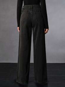 Anewsta Heavy Embroidery Denim Black Straight Leg Jeans - Black - View 2