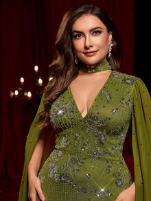 Glamrae Robe longue élégante et sexy verte à col ras-du-cou, col en V profond, ornée de strass et de sequins, manches longues en mousseline, ourlet sirène avec traîne drapée. Convient pour les mariages, les fêtes, les événements de célébration, les tenues de gala (design très orné) - Vert - Voir 6