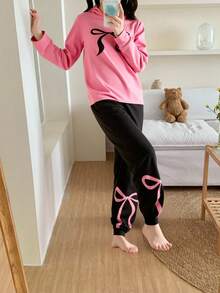 2pcs/Set Cute, Charming & Elegant Black With Pink Bow Knitted Stretchy Long Sleeve Top And Pants Pajama Set, Suitable For Teens And Young Women, Spring/Autumn - Pink - View 3