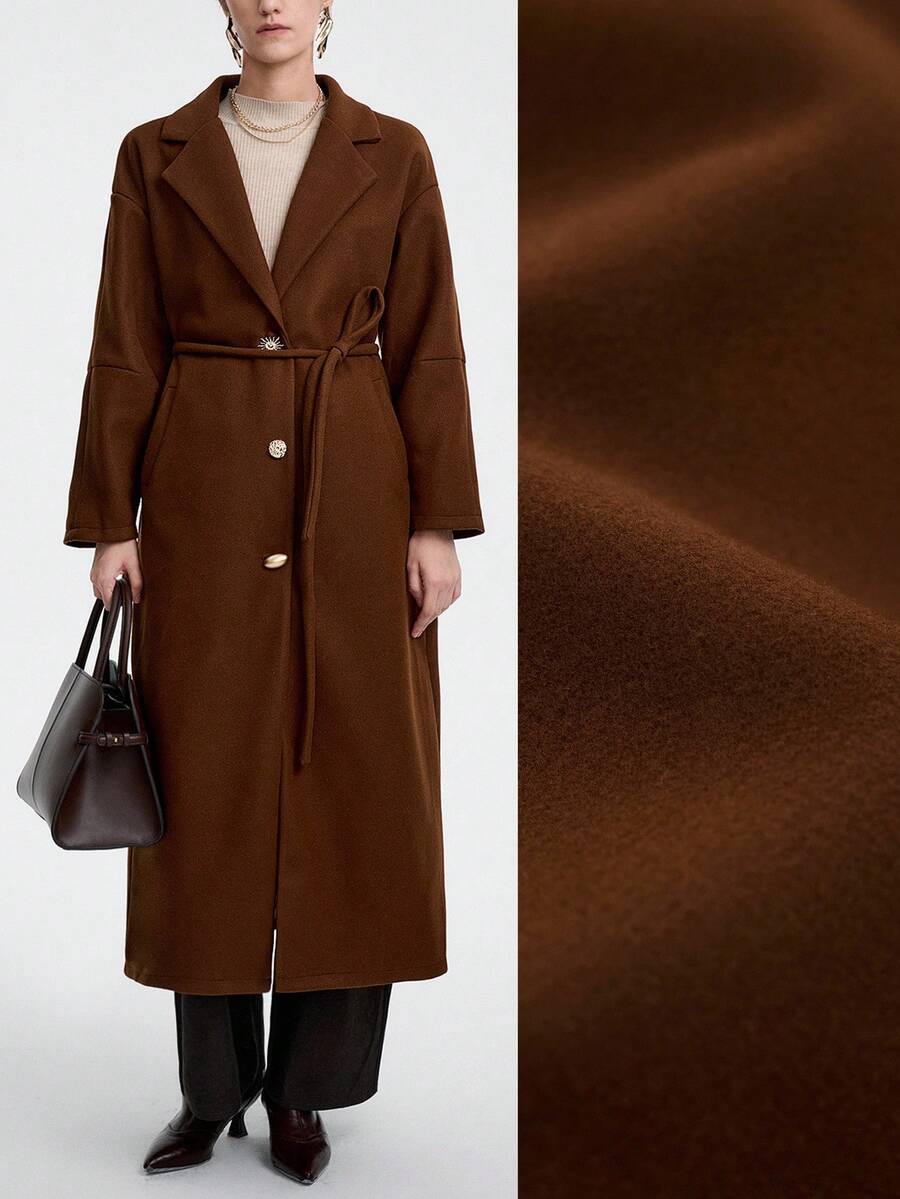 Aalyst 女士优雅时尚通勤休闲舒适迷人复古简约高端精致奢华长袖翻领腰带设计金属纽扣纯色大衣 - 巧克力棕 - 查看 1