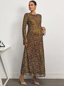 MaterniWear Rochie elegantă pentru femei însărcinate, cu imprimeu leopard și guler rotund, mâneci evazate - Maro - Vizualizare 7