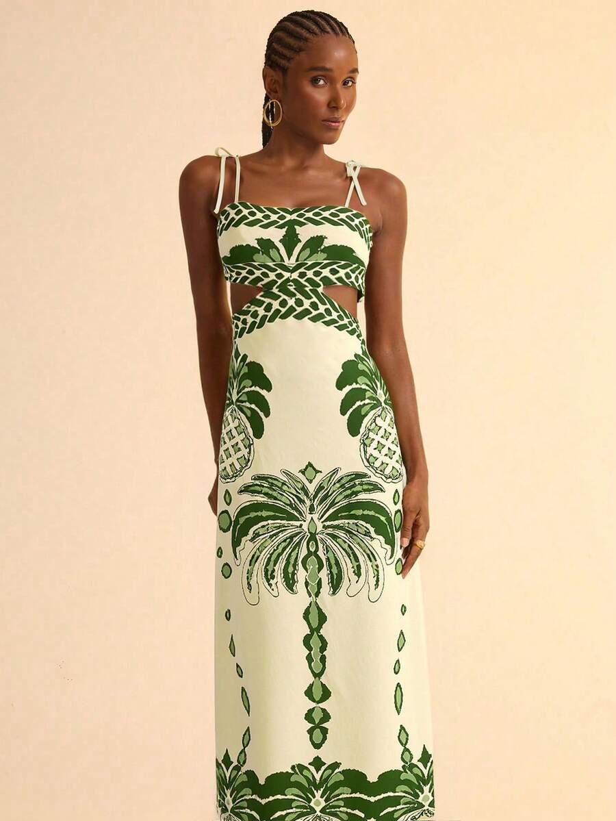 CAJUNI Đầm không tay màu hồng boho in hình cây chuối và quả dứa cho nữ, cạp chun sau lưng khoét sâu, váy mùa hè thường ngày cho ngày lễ - màu xanh lá - Xem 1