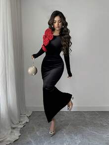 Rafferiza 女士秋冬圆领 3D 花卉天鹅绒紧身收腰长裙，优雅派对和圣诞晚礼服 - 黑色 - 查看 6