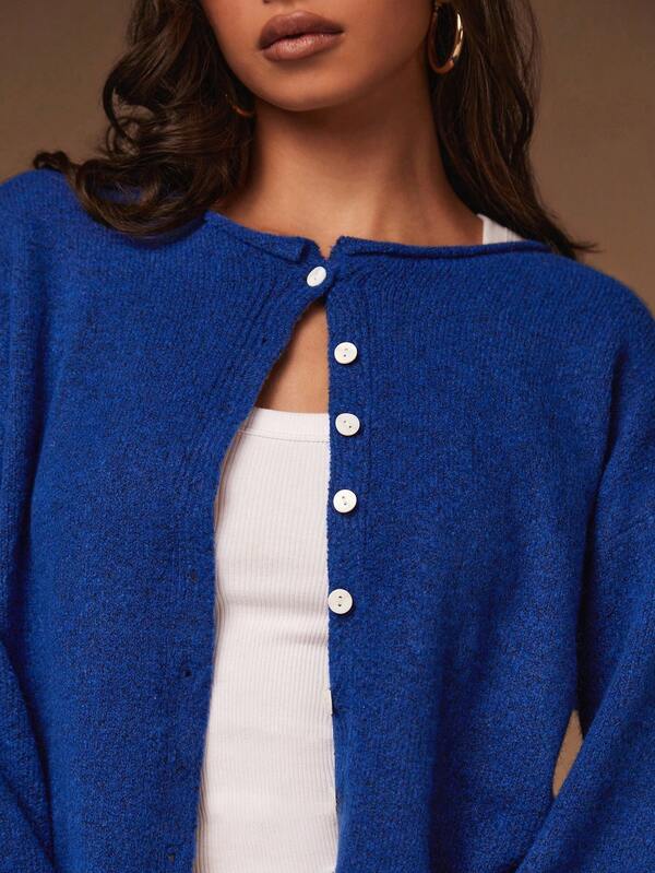 Athîral 女士宝石蓝针织开衫，柔软纱线，宽松直筒版型，经典圆领落肩长袖，简约时尚，适合春秋季叠穿，亮蓝色针织纽扣开衫，冬季，新年，秋冬季，蓝色开衫