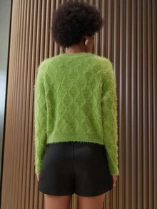 Lumivelle Damen grüne Rautenmuster Loose Cardigan, kurzer Stil, Langarm, Herbst/Winter - Grün - Übersicht 2