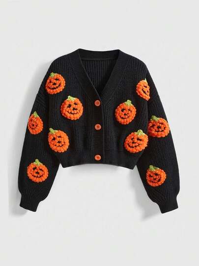 Fairycore Cardigan en tricot à col en V décontracté pour femmes avec citrouille au crochet pour Halloween