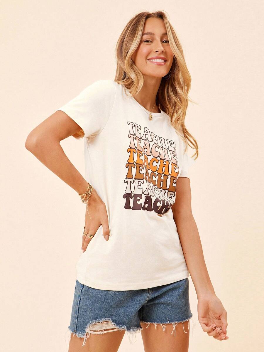 Coeurva Teacher Print Casual Minimalist Round Neck Short Sleeve Fitted Women T-Shirt, Suitable For Summer, Teacher's Day, Cotton Blend Pullover - Apricot - View 1