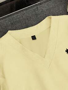 SHEIN EZwear 女款休閒寬鬆V領小碎花圖案衛衣，淺黃色，適合秋冬穿著 - 鵝黃色 - 查看 5