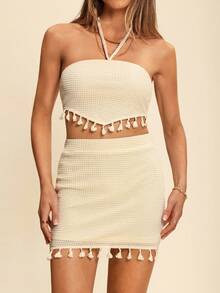 Coeurva 夏季波西米亚风流苏边露背吊带上衣和紧身裙两件套 - 杏色 - 查看 6