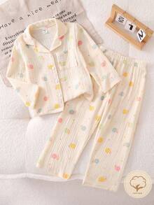 2pcs Girls Snail Element Cotton Gauze Long Sleeve Top And Pants Casual Comfortable Pajama Set Fall Winter - Multicolor - View 1