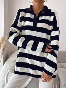 EURMUSE Plus Size Striped Pattern Drop Shoulder Polo Neck Drop Shoulder Sweater - Navy Blue - View 6