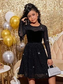 Tween Mädchen -Partykleid im Eleganten Modischen Stil mit Schwarzer Mesh-Patchwork Taille, Vielseitig Einsetzbar - Schwarz - Übersicht 5