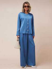 COSMINA 女式纯色圆领落肩长袖单排扣衬衫和裤子休闲两件套 - 水鴨藍 - 查看 6