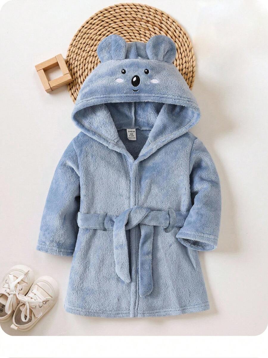Baby Boy Cute Animal Print Hooded Flannel Bathrobe, Autumn/Winter Fall - Blue - View 1