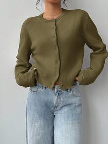 SHEIN BASICS Casual Solid Color Round Neck Long Sleeve Loose Cropped Women Sweater Cardigan Autumn Winter Clothes For Women - Army Green - View 4