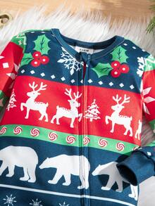 SHEIN Babygirl Cute Christmas Knitted Cartoon Pattern Long-Sleeved Home Clothes Set,Red And White Stripe,Autumn,Lounge Snug Fit Elk Snowflakes Polar Bears - Multicolor - View 4