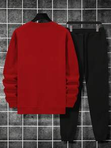 Manfinity Homme 男士休闲字母印花卫衣和运动裤两件套，秋季男士慢跑服，红色长袖卫衣，修身弹力裤，黑色和红色休闲套装 - 彩色 - 查看 2