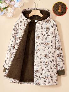 SHEIN Vintaside Kids 女童连帽加厚蓬松复古碎花中长款夹克，秋冬 - 咖啡棕 - 查看 3