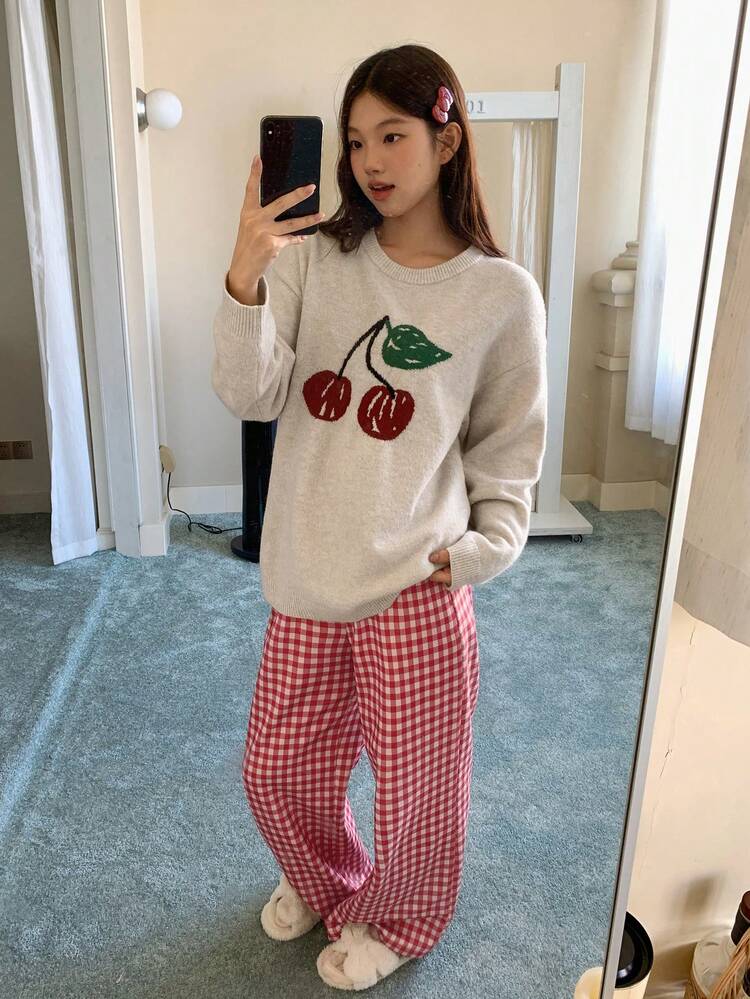 Women's Cherry Pattern Knitted Top And Plaid Pajama Pants Sleepwear Set, Winter Fall Clothes