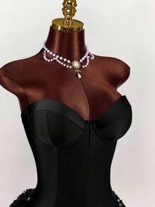 Amplova 女式纯色紧身胸衣拼布人造毛皮下摆时尚修身迷你连衣裙 - 黑色 - 查看 5