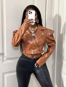 BamGleam 女士时尚通勤 PU 皮革长袖系带短款夹克 - 棕色 - 查看 5