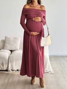 SHEIN Váy trễ vai trơn màu cho bà bầu, mùa thu - Đỏ - Xem 4