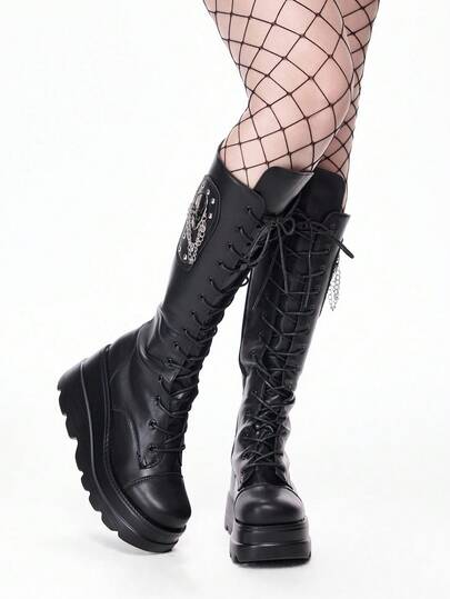 Grunge Punk 2025 Autumn/Spring New Fashion Lace-Up Thick Sole Over-The-Knee Boots, Skull Punk Goth PU Motorcycle Tall Boots, Slim Leg High Shaft Boots For Women