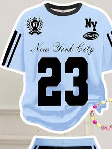 SHEIN Happikins Young Girl 2 Pieces Set:Blue New York Number 23 Striped Jersey Graphic T-Shirt & Flare Pants Summer Outfits,Back-To-School Sport Casual Wear - Multicolor - View 3