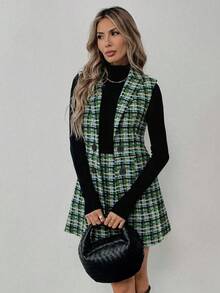 Elyressa Women's Plaid Sleeveless Jacket And Midi Skirt Elegant Set, Autumn/Winter - Green - View 3