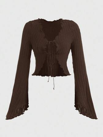 Hippie Blouse décontractée à manches évasées et nœud devant, couleur unie, automne