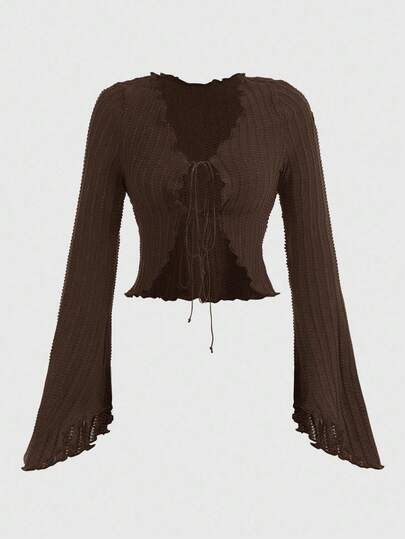 Hippie Blusa casual da donna con maniche a campana, con laccio frontale, colore tinta unita, autunnale