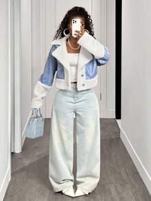 BamGleam Áo khoác lửng phối màu thời trang thu đông cho nữ - Xanh và trắng - Xem 1