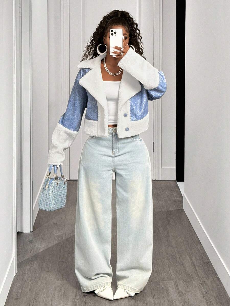 BamGleam Áo khoác lửng phối màu thời trang thu đông cho nữ - Xanh và trắng - Xem 1