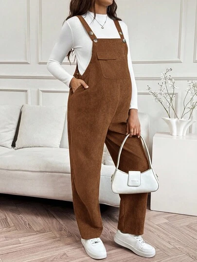 SHEIN 孕妇纯色口袋宽松休闲连体裤 女士背带裤 棕色连体裤 女士休闲连体裤 女士背带裤 孕妇背带裤