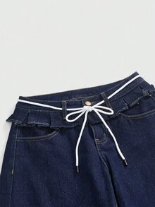 ROMWE Y2K Aesthetic Patchwork Frill Trim Dual-Waistband Women Super Low Waist Jeans - Blue - View 3