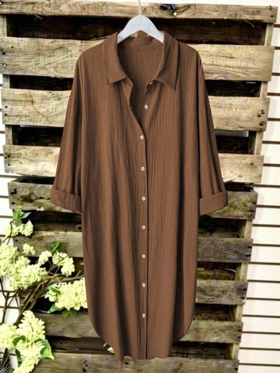 EMERY ROSE Women's Solid Color Woven Long Sleeve Plus Size Blouse, Summer - Brown - View 1