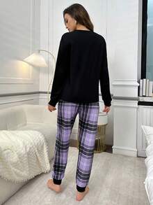Heart Plaid Print Long Sleeve Top & Long Pants Pajama Set, Fall Winter Clothes Cozy And Elegant Details - Multicolor - View 2