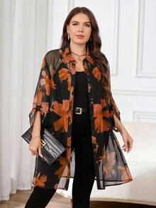 Reflora Plus Size Floral Print Semi-Sheer Casual Long Sleeve Shirt Long Blouses - Orange - View 3