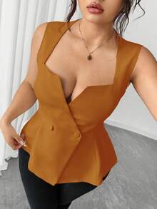 Elenzga 大码女式无袖 V 领开衫，优雅迷人的衬衫 - 薑色 - 查看 7