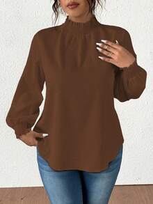 Vionelle 大码纯色按扣领休闲长袖纹理衬衫泡泡袖衬衫优雅白色女式衬衫白色 - 棕色 - 查看 1