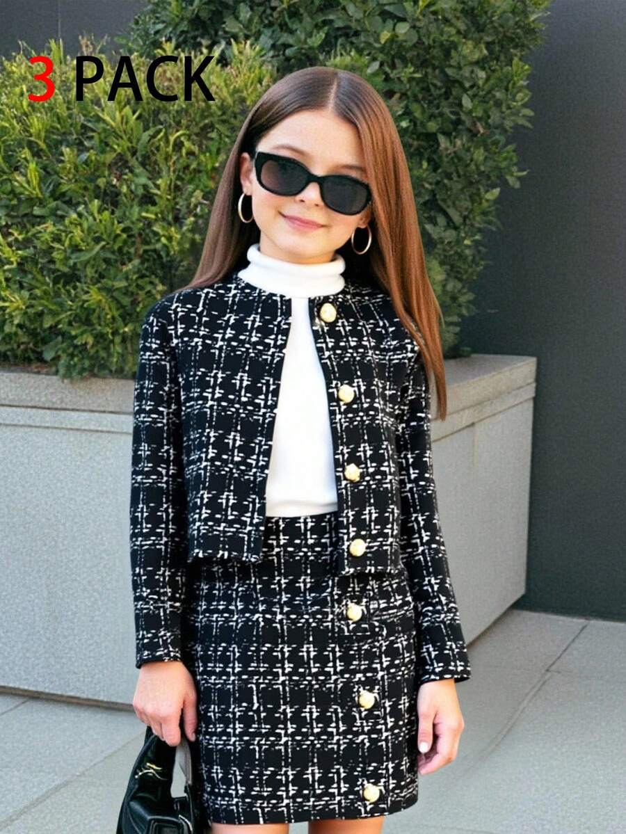 Tween Girl Urban Chic 长袖夹克、高领 T 恤和迷你裙套装 - 黑色 - 查看 1