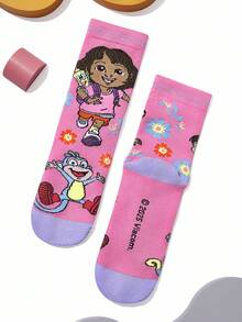 DORA | SHEIN 3 双女童棉质柔软透气吸湿排汗儿童中筒袜粉色和紫色可爱卡通中筒袜加固脚趾和脚跟，经久耐用，四季百搭，适合学校和户外，夏季冬季花朵和猴子 - 彩色 - 查看 7