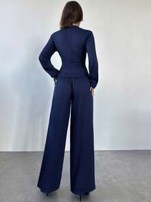 Firerie Women's Fashion Casual Commuter Urban Chic Street Style Versatile Academic Teacher Outfit, New V-Neck Metal Button Waist Long Sleeve Faux Denim Jacket And High Waist Pants Set, Navy Blue, Autumn Winter Clothes For Women - Navy Blue - View 8