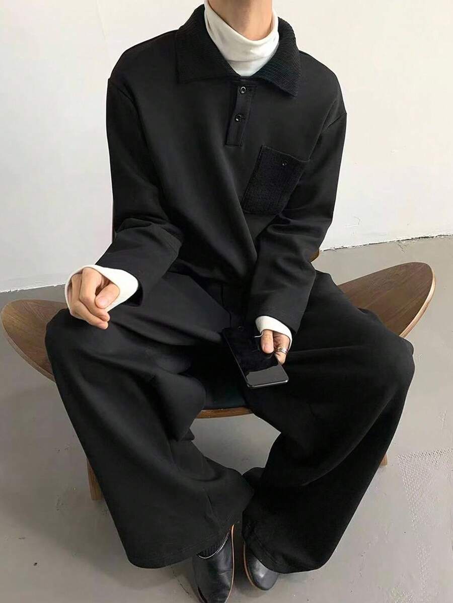 Claim Dot Men's Black Casual Polo Collar Long Sleeve Pocket Sweatshirt And Pants Set, Fall Clothes - Black - View 1