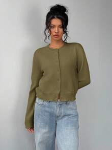 SHEIN BASICS Casual Solid Color Round Neck Long Sleeve Loose Cropped Women Sweater Cardigan Autumn Winter Clothes For Women - Army Green - View 3
